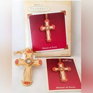 Gold and Red Holiday Cross Ornament Mosaic of Faith Handcrafted and Metal